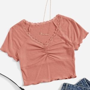 SHEIN Lace Trim Raglan Sleeve Ruched Rib-knit Crop Tee